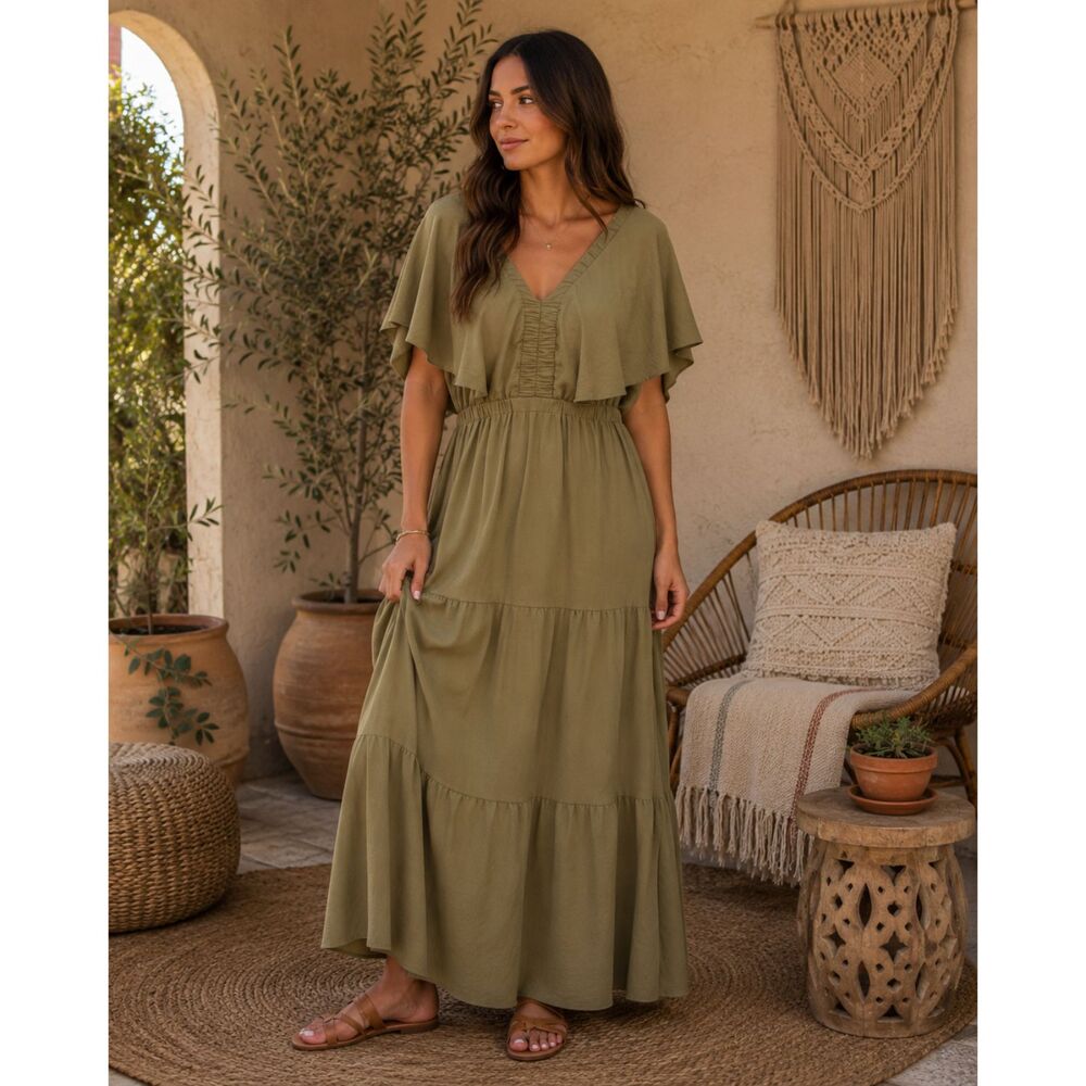 Simplee Apparel Tiered Ruffle Smocked V-Neck Maxi Dress Olive Green Size XL